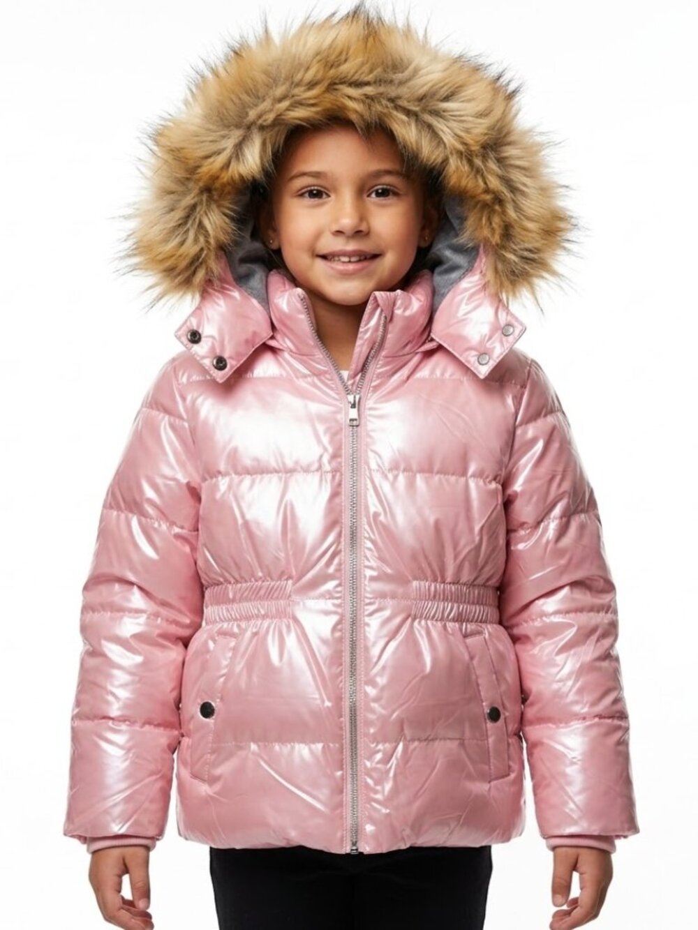 CREATMO US Y2K Metallic Pink Puffer Jacket Faux Fur Hood Fleece Lined Size 6/7